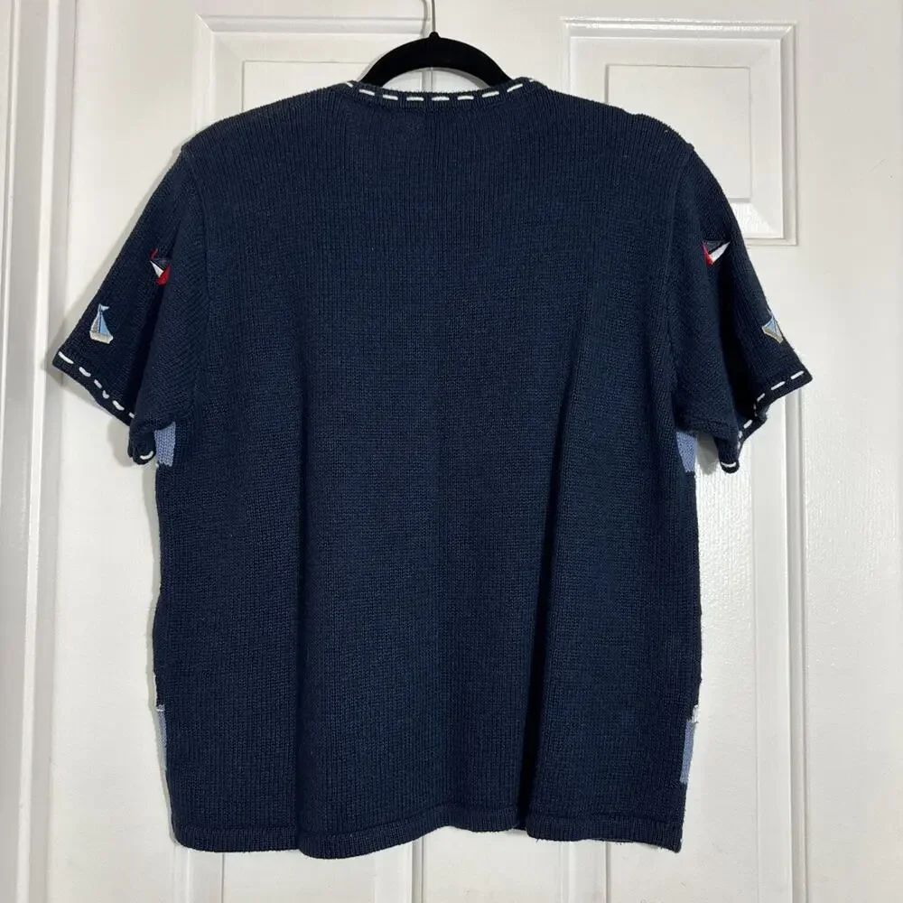 VTG Designers Studio Originals S/S Navy Blue Sweater Nautical Theme Sailboats S